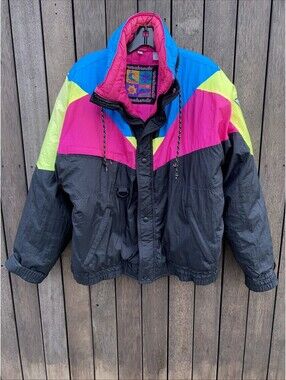 Vintage 1980’s Weekends Neon Colorblock Ski Jacket Nylon Hidden Hood Size Medium